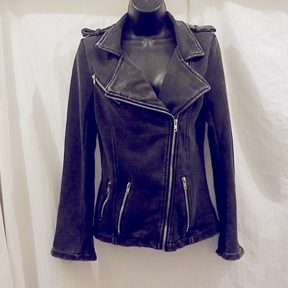 POL MOTA Jacket, Distressed, Black Denim-Like Fabric & Silver, Small, EUC (CL-3)